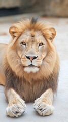 Fototapeta premium Majestic lion with a thick mane gazing directly at the camera in a lush green environment