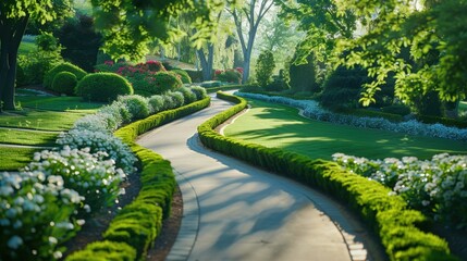 Obraz premium Landscaping Maintenance: Regular mowing, trimming, and fertilizing to preserve the beauty of lawns and plants, promoting healthy growth and maintaining outdoor aesthetics. 