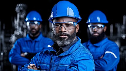 Fototapeta premium Confident Industrial Team: Three skilled industrial workers, wearing blue safety helmets and uniforms, stand confidently in a factory setting. Their serious expressions convey expertise and teamwork.