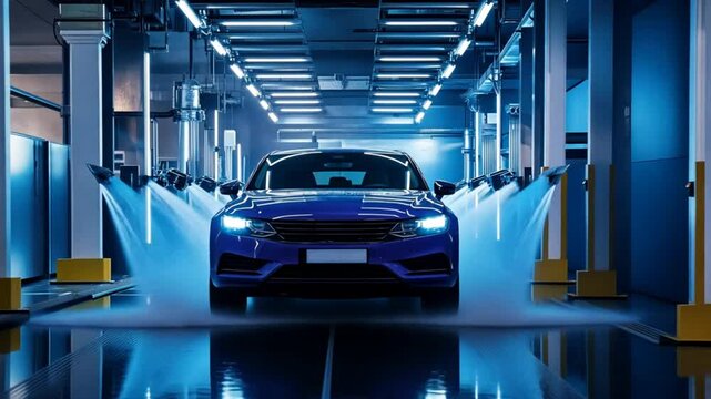 A modern car wash station where robots apply high-pressure water and wax to cars, using sensors to ensure thorough cleaning without damaging the vehicle.