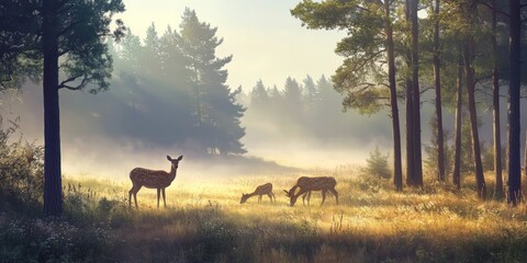 Serene Morning Light in a Forest with Graceful Deer Grazing Peacefully Among Lush Green Grass and Misty Background of Pine Trees