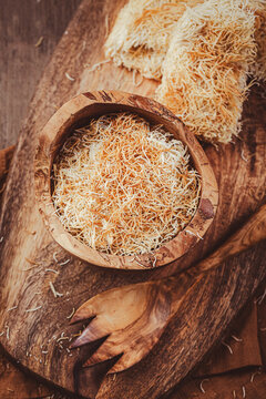 Butter roasted Kadayif pastry, fine dough threads for delicious sweet desserts, Turkish cuisne