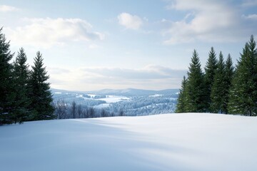 Obraz premium Snowy Landscape with Evergreen Trees Under a Cloudy Sky