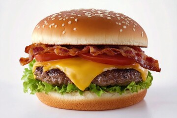 Delicious cheeseburger with crispy bacon and fresh lettuce served on a sesame seed bun