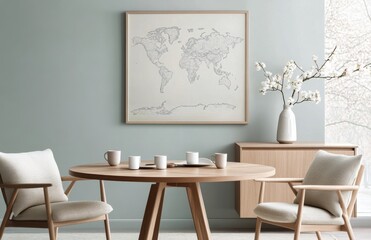 Modern dining area with a minimalist design featuring a round wooden table and map art