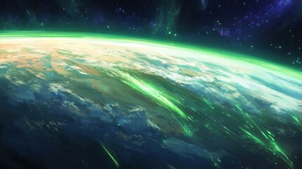 Stunning Cosmic View of Earth Surrounded by Colorful Nebulae and Stars