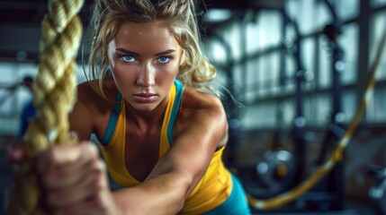 Obraz premium Intense fitness training session gym image of a woman indoor environment close-up perspective strength and determination