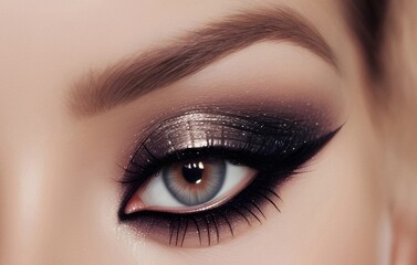 Fototapeta premium Eye makeup with eyeshadow and arrow. Beautiful macro shot of female eye make-up. Blue eye. Creative fashion make-up. Perfect shape make-up and long lashes. Cosmetics.