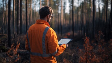 Man monitoring forest fire-prone regions using advanced mapping tools