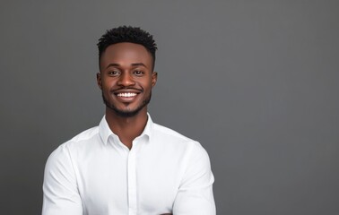 Obraz premium Smiling man dressed in white shirt with relaxed pose against gray background