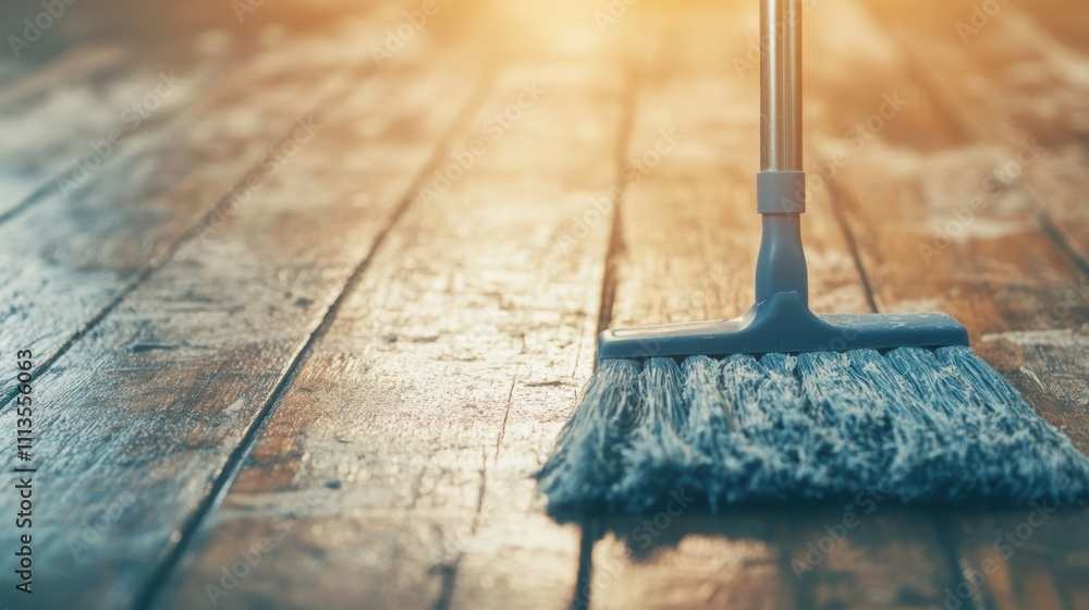 Poster sunlight streams through a space highlighting a cleaning tool on a wooden floor while the day begins