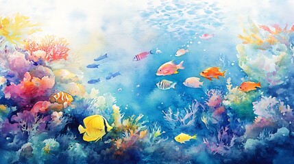 Vibrant watercolor painting of a coral reef teeming with colorful fish and diverse marine life.