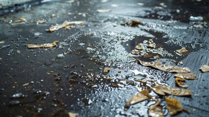 Fototapeta premium Sticky Floor: A floor covered with spilled soda and crumbs, leaving a sticky residue that makes the surface tacky and unpleasant to touch. 