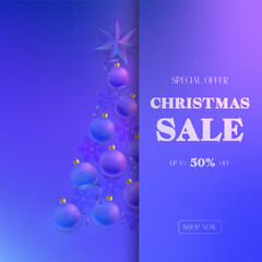 Blue Christmas sale banner with baubles and star