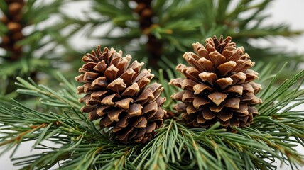 Two pine cones nestled among evergreen branches, highlighting earthy tones and natural textures. Perfect for a seasonal decoration