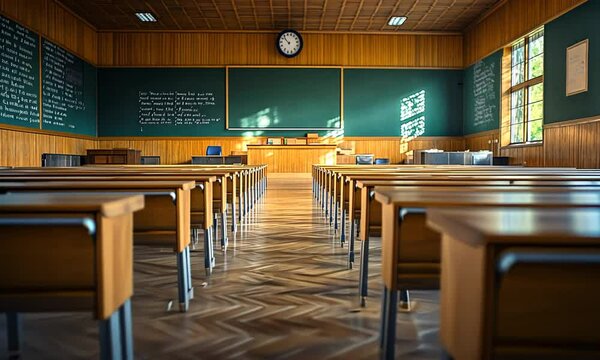A spacious, empty classroom with wooden desks, chalkboards, and a clock on the wall.