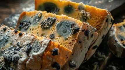 Fototapeta premium Moldy Bread: Bread covered in fuzzy green, black, and white patches, releasing a sour, musty odor that fills the air with the unmistakable scent of decay. 