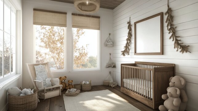 Fototapeta Cozy nursery with natural light and wooden furniture for a peaceful atmosphere