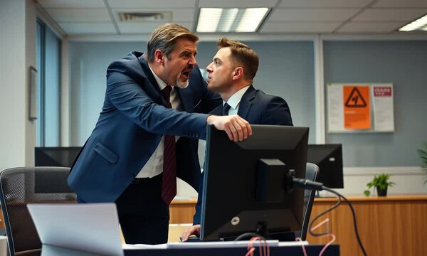 Intense office confrontation reveals tension and emotional stakes in a corporate environment