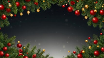 A winter-themed frame made of lush green pine branches adorned with red ornaments and soft snowflakes, creating a festive, cozy atmosphere perfect for holiday greetings