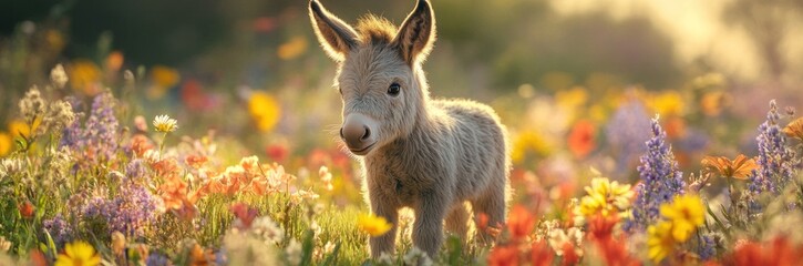 Fototapeta premium Donkey Foal in Wildflower Meadow