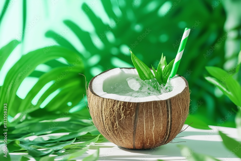 Poster a chilled coconut water served in a coconut shell with a straw and tropical leaves in the background