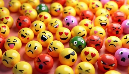 Colorful 3D emoji background with various expressions