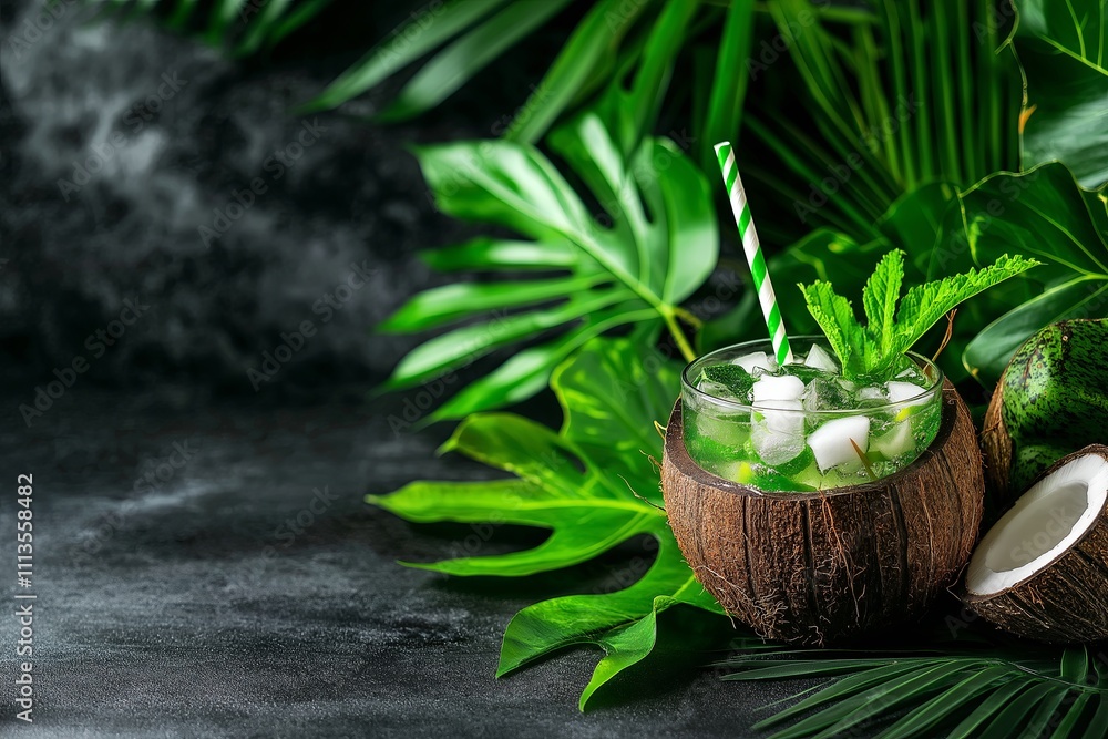Poster a chilled coconut water served in a coconut shell with a straw and tropical leaves in the background