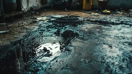 Oil-Stained Garage Floor: The concrete floor is covered in dark motor oil patches, with dirt scattered about, making it look neglected and well-worn.
