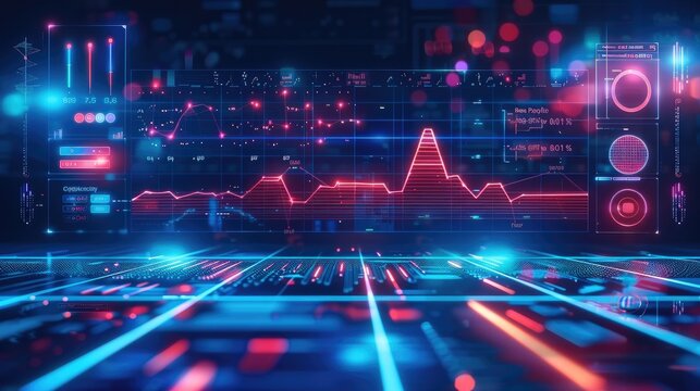 Minimalist border style blue digital background with data science and technology elements, charts, graphs, code lines, vector illustration.