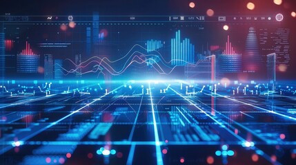 Minimalist border style blue digital background with data science and technology elements, charts, graphs, code lines, vector illustration.