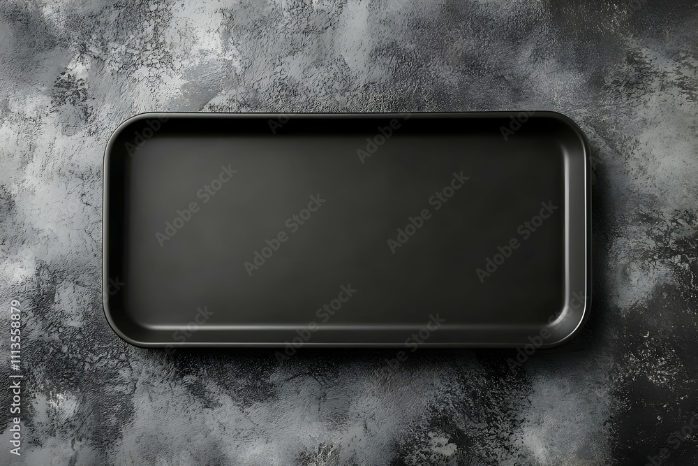 Poster a simple black rectangular tray on a textured gray background, suitable for serving or display.