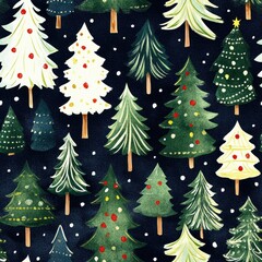Obraz premium Festive watercolor pattern featuring various Christmas trees on a dark background.