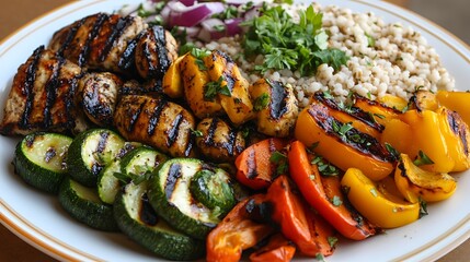 A colorful plate of grilled vegetables, whole grains, and lean protein, emphasizing a healthy, nutrient-rich meal 