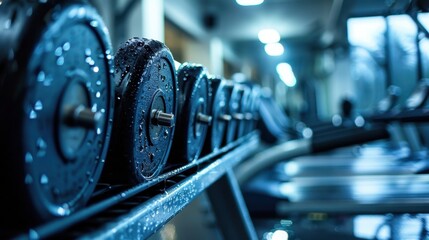 Sweaty Gym Equipment: Equipment at the gym glistens with sweat, leaving handprints and body marks on the surfaces after a vigorous workout session.
