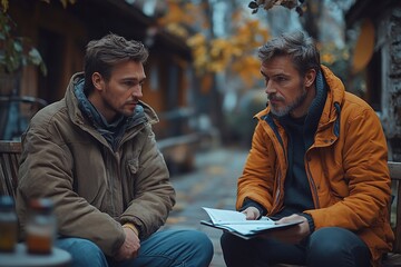 Fototapeta premium two men sitting on the street talking