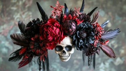 A decorative skull adorned with dark flowers and feathers, evoking a gothic aesthetic.