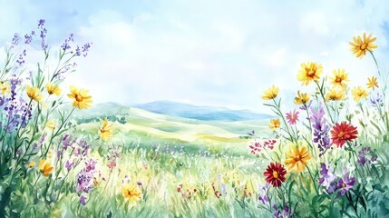 Fototapeta premium A delicate watercolor painting of a tranquil meadow filled with wildflowers in shades of yellow, purple, and red, with soft green grass and distant rolling hills under a bright blue sky.