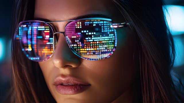 Computer code reflection on woman programmer glasses Cyber Information Digital Software Hacker Encryption Security Technology