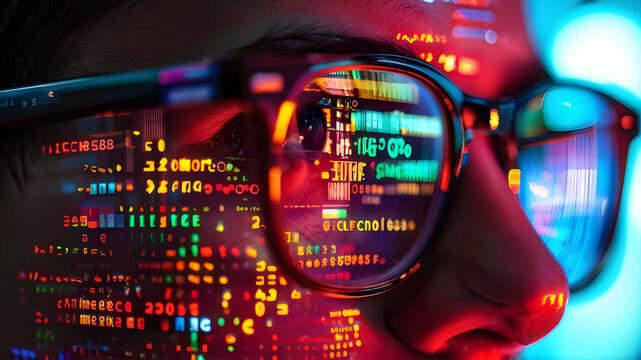 Computer code reflection on tech programmer glasses Cyber Information Digital Data Software Hacker Encryption Security Technology