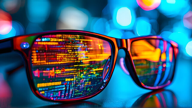 Computer code reflection on tech glasses Cyber Information Digital Data Software Hacker Encryption Electronic Security Technology Bokeh Backdrop