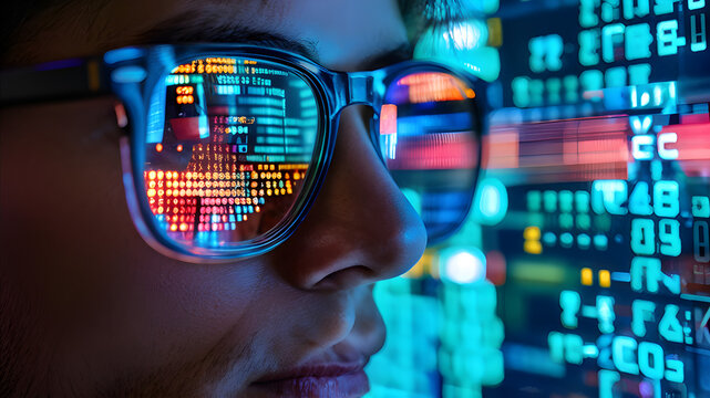 Computer code reflection on tech programmer glasses Cyber Infromation Digital Software Hacker Encryption Security Technology Monitor Backdrop