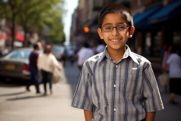 Fototapeta premium A young boy is smiling and standing on a sidewalk in front of a car