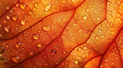Fototapeta premium Autumn Leaf Veins Glistening With Dew Drops