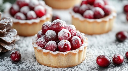 Festive mini tarts dusted with powdered sugar, topped with cranberries