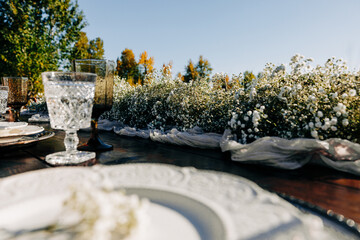 Outdoor tablescape with place settings and baby's breath