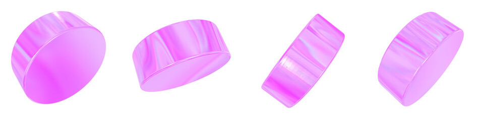 Set of 4 3d iridescent cylinder isolated on a transparent background. Pink tone. 3d elements for graphic design.