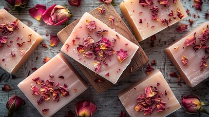 Homemade soaps made with dried red rose petals scattered on the table and in the soaps.