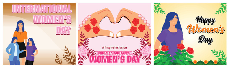Celebrating International Women Day with three empowered Women. Hands Love and Unity. Rose plants. Set flat vector modern illustration 