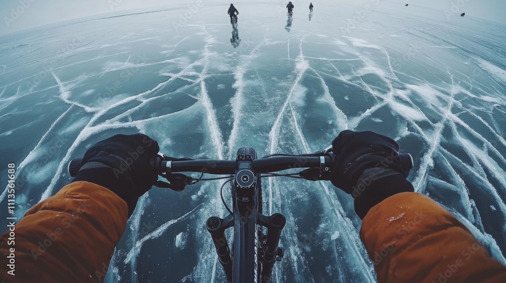 Poster the rider's hands grip the handlebars tightly while pedaling across a frozen lake, with intricate ic